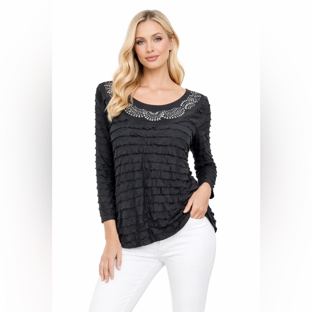 Janeric Womens Black 3/4 Sleeve Tiered Ruffled Layered Embellished Top Size PXL